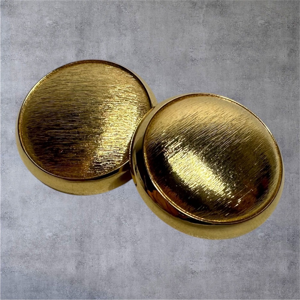 Vintage Gold Tone Dome Earrings‎ Brushed Finish Round Clip On